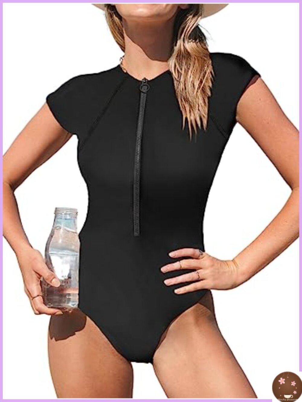 CUPSHE Women's Rash Guard One Piece Swimsuit Short Sleeve Zip Up Mock Neck